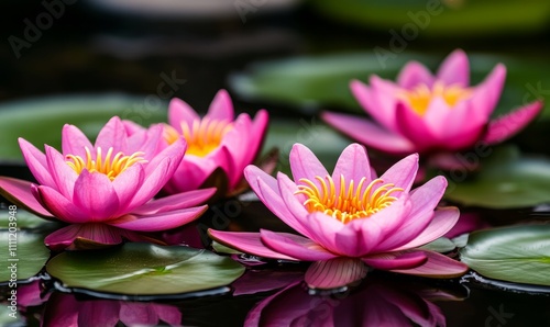 Bright pink water lilies float gracefully on a still pond, with their vibrant yellow centers surrounded by lush green lily pads