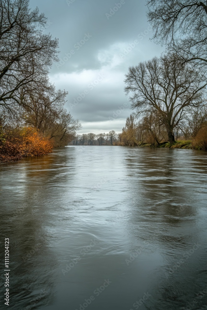River flows beneath overcast sky, bare trees lining banks. River flows beneath overcast sky, bare trees lining banks.