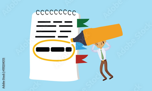 Highlight important note, serious essential word in highlight circle or underline, marked critical, vital or significant, spotlight attention concept, businessman highlight pen circle important note.