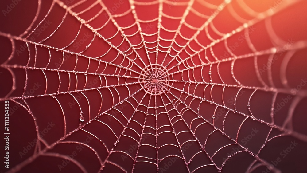 Fototapeta premium Intricate Spiderweb with Morning Dew on Red Background