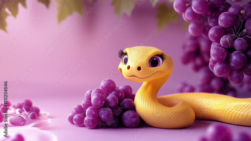 Fototapeta premium cute yellow snake with big eyes, grapes nearby, purple wallpaper