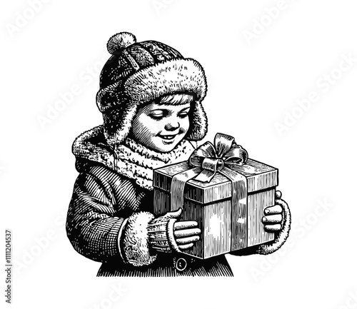 kid smile holding gift box engraving black and white outline