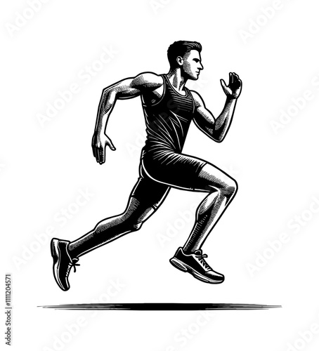 man running engraving black and white outline