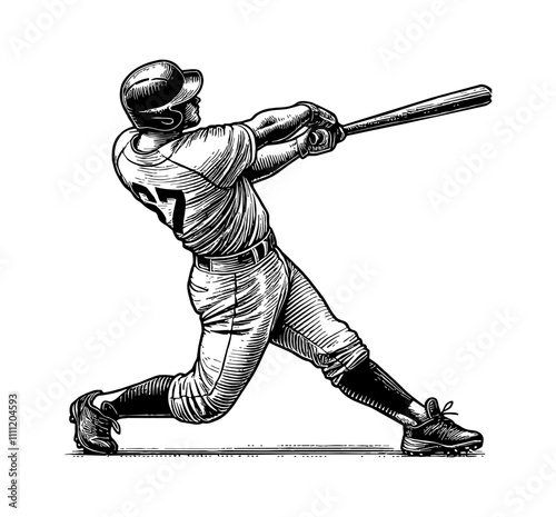 baseball player in a single, isolated batting pose engraving black and white outline