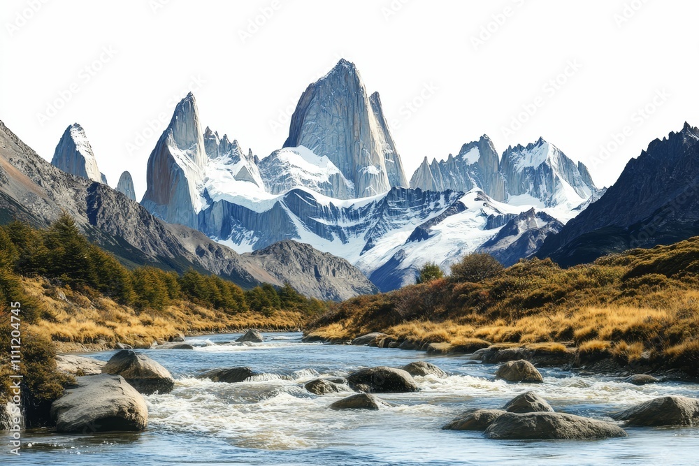 River flows through rocky valley, snow-capped mountains rise. River flows through rocky valley, snow-capped mountains rise.