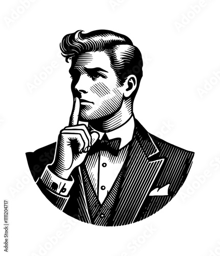 man wear suit and do silence hand gesture engraving black and white outline