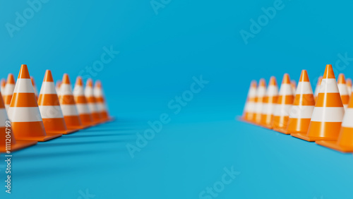 Fotografie Rows of Orange Traffic cones isolated on blue background