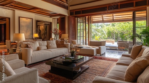 Luxurious living room with beige sofas, coffee table, and large windows overlooking a lush garden.