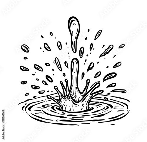 water splash squirt engraving black and white outline