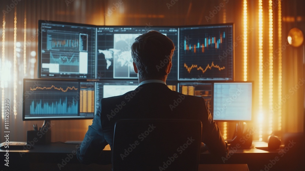 A business professional analyzes financial data on multiple screens in a modern office setting. A business professional analyzes financial data on multiple screens in a modern office setting.
