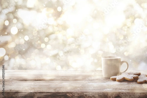 Weihnachtliche Lebkuchensterne auf Holzbrett Festliche Dekoration Tasse mit Weihnachtsmotiv Warme Lichter Bokeh Gemütliche Weihnachtsatmosphäre Backideen für die Adventszeit Elegantes Food-Design