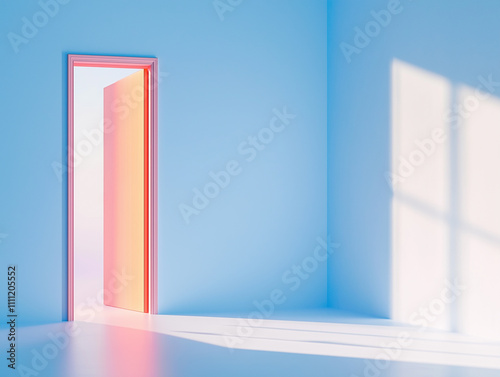 Open door illuminating empty room with pastel blue walls