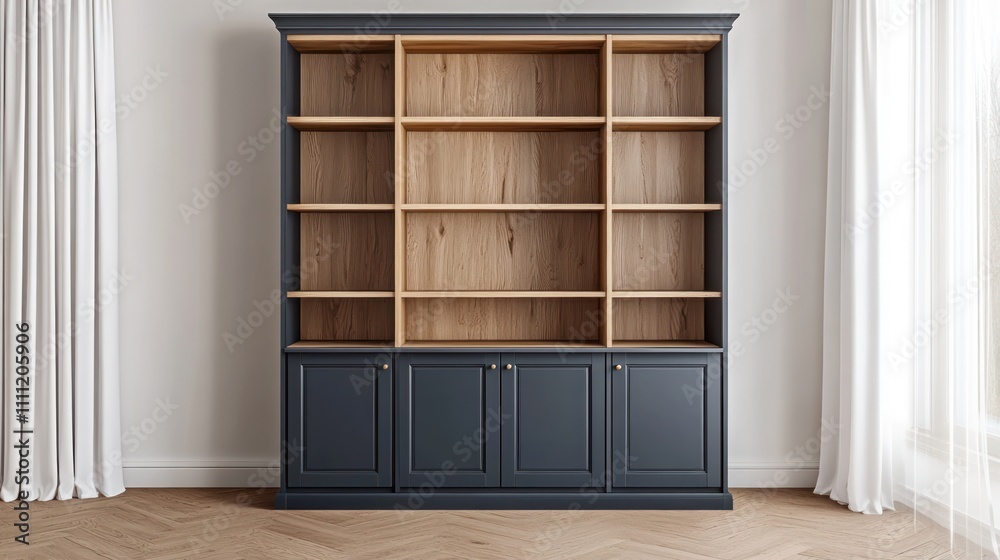 Empty tall dark gray wooden bookcase with light oak shelves in a bright room. Empty tall dark gray wooden bookcase with light oak shelves in a bright room.
