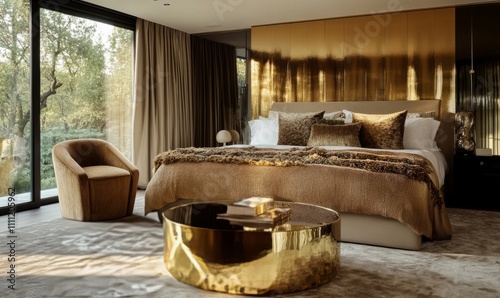 Elegant bedroom with an aluminium metal coffe table near kingside bed. Metallic and golden shades in the room interior photo