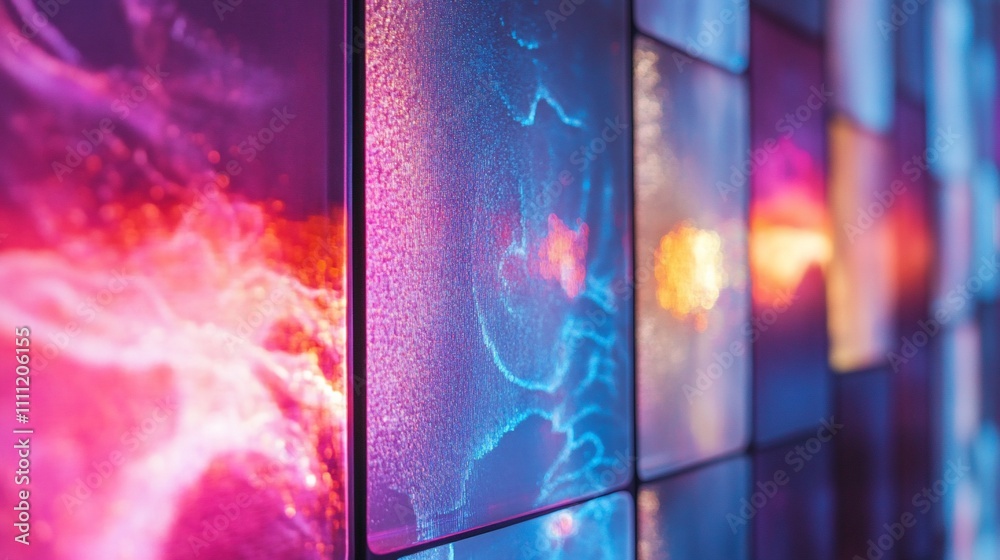 Naklejka premium A vibrant display of illuminated panels showcasing abstract patterns and colors.