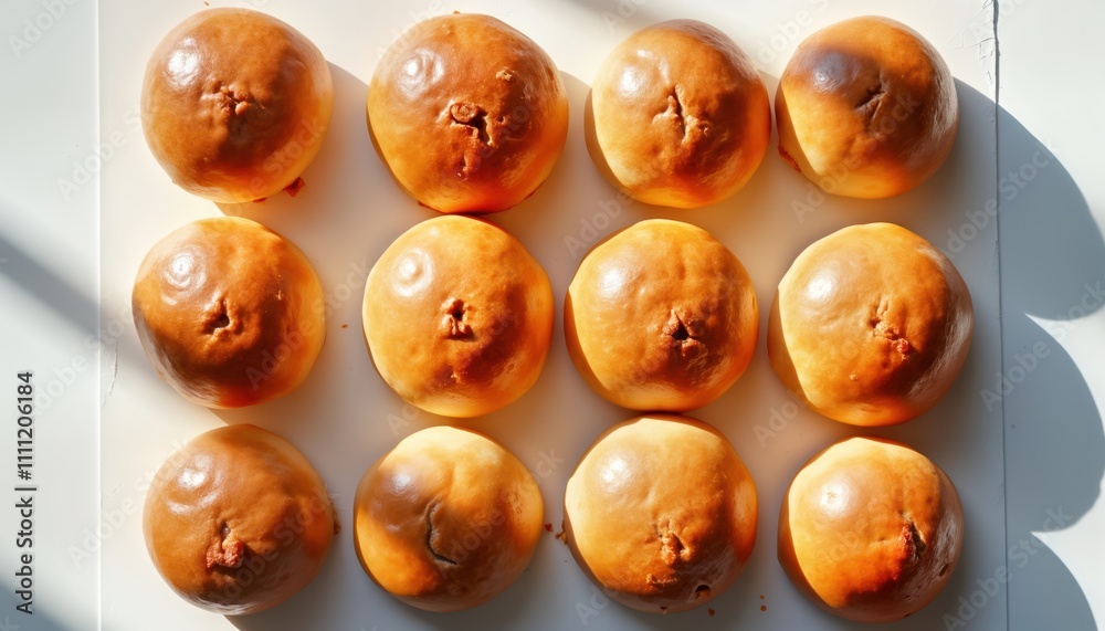 Freshly baked round buns arranged on a white table. Top view of homemade bakery goods. Light golden brown color suggests a delicious and wholesome baked treat. Perfect for breakfast or snack. Freshly baked round buns arranged on a white table. Top view of homemade bakery goods. Light golden brown color suggests a delicious and wholesome baked treat. Perfect for breakfast or snack.