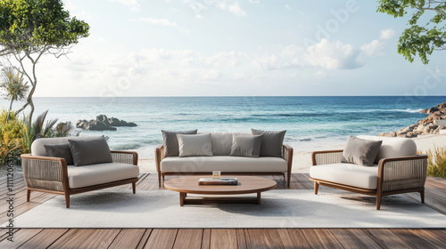  A 3D render of a modern living room featuring a sleek wooden floor that adds warmth to the minimalist design. 