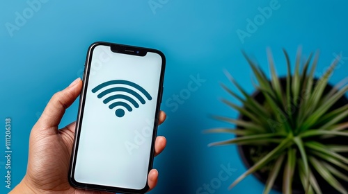 Closeup mockup of a hand holding a smartphone with a blank white screen against blue background photo