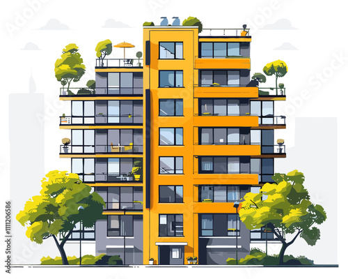 Vector illustration of modern house on the street with trees and grass