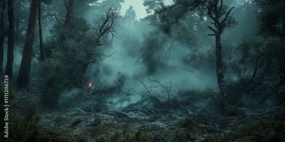 Obraz premium A mystical forest scene enveloped in fog. The tall trees create a serene atmosphere. Gentle light peeks through the mist. Perfect for nature themes or fantasy art. AI