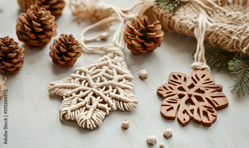 Handmade Christmas macrame decor featuring a charming tree and wooden snowflakes displayed on craft paper, eco-friendly ornaments for festive home decoration. Handmade Christmas macrame decor featuring a charming tree and wooden snowflakes displayed on craft paper, eco-friendly ornaments for festive home decoration.