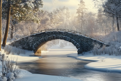 Stunning winter setting with a bridge and frosty details photo