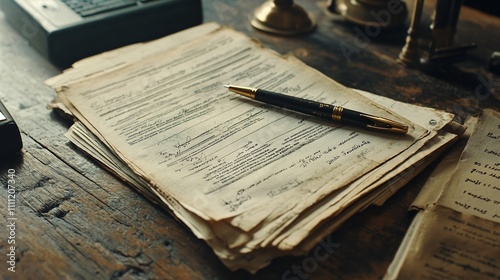 A collection of documents and a pen on a wooden desk, suggesting administrative work.
