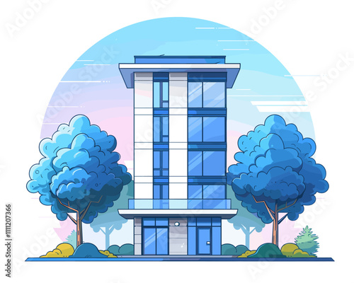 Modern apartment building with trees. Vector illustration in flat style