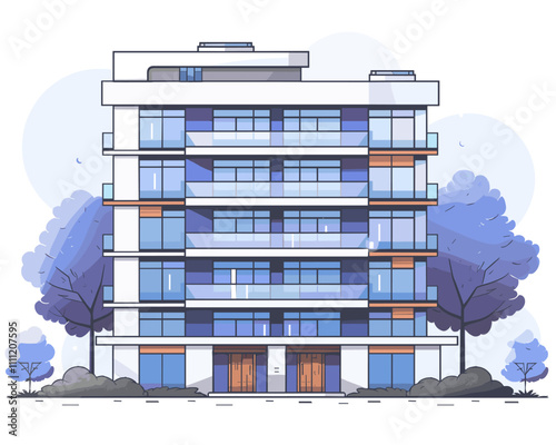 Modern apartment building with trees. Vector illustration in flat style