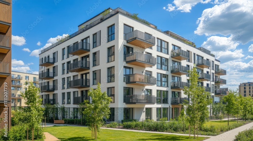 Modern apartment building with balconies, green landscaping, and blue sky. Modern apartment building with balconies, green landscaping, and blue sky.