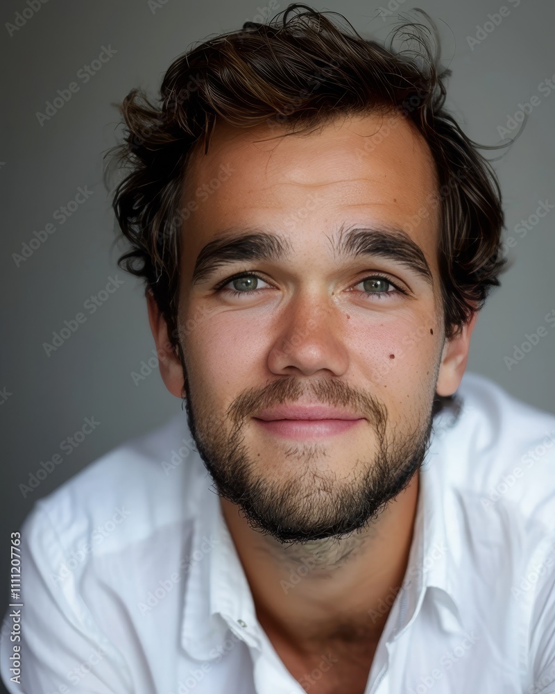 Obraz premium Handsome young man with stubble smiling in white shirt, portrait on gray studio background