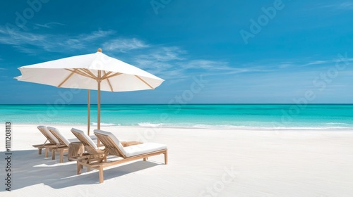 Serene Beach Scene with White Umbrellas and Lounge Chairs