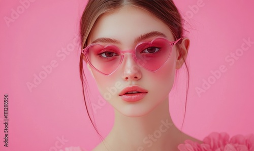 Portrait of a young beautiful woman with heart shape glasses isolated on a pink background.