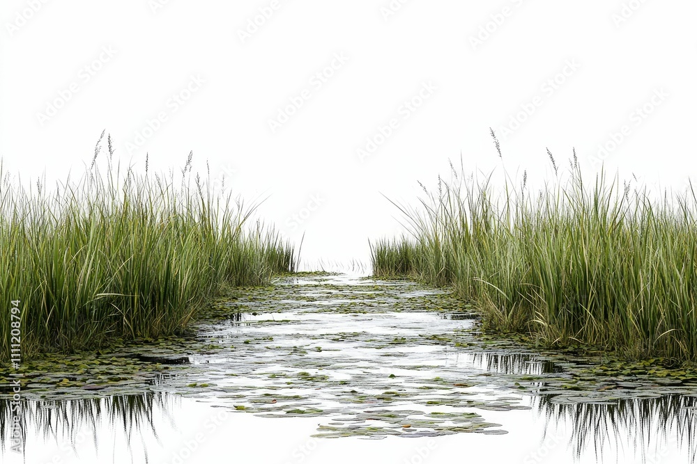 Fototapeta premium Calm water, reeds, aquatic plants, tranquil scene.