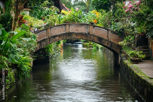 Stone arch bridge spans lush, green waterway.