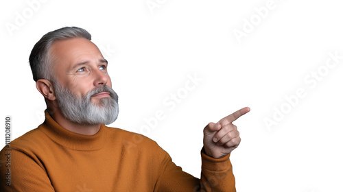Thoughtful man pointing upwards with a transparent background