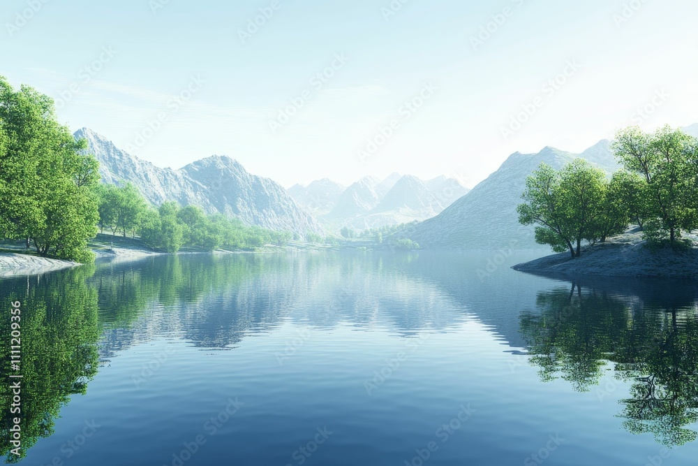 Naklejka premium Serene lake reflects mountains, green trees.
