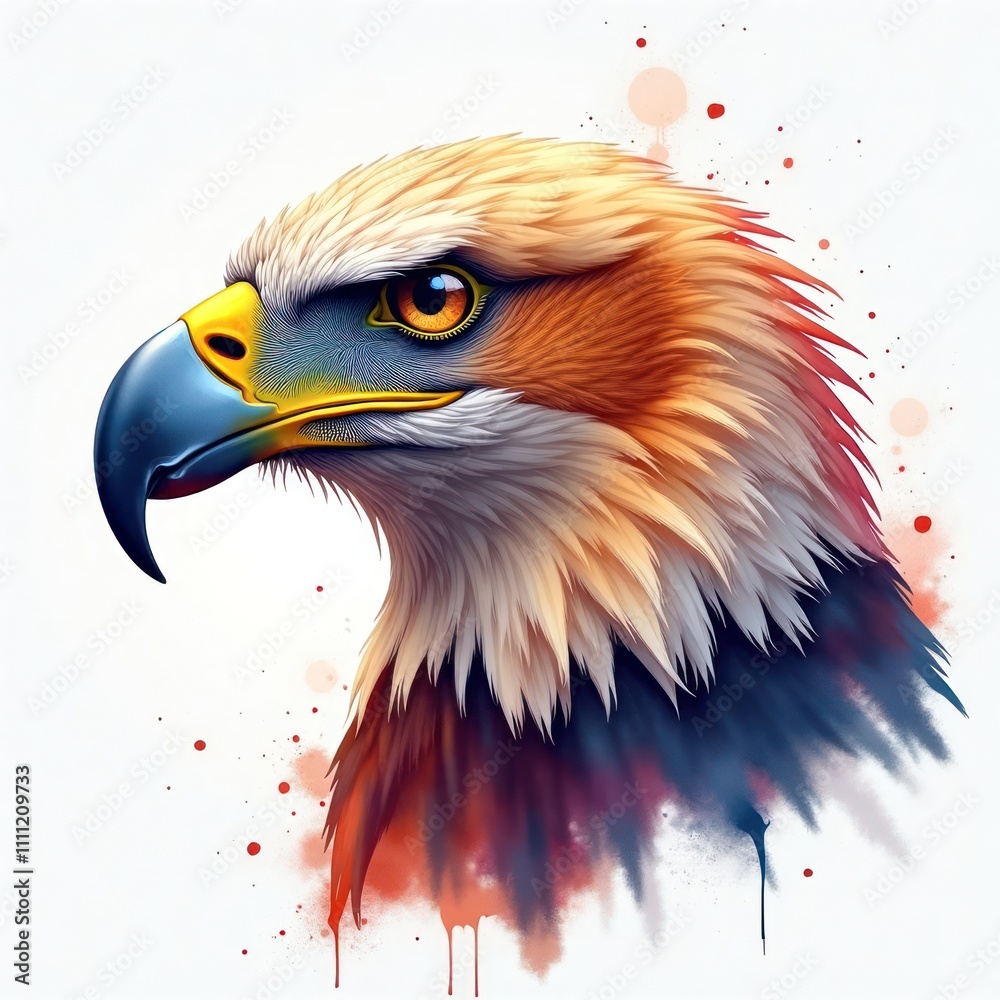 Fototapeta premium Colorful illustration of eagle head. Watercolor style. Realistic wild bird. Generative AI art. Isolated on white background. Detailed portrait. Majestic bird of prey. Vivid colors. Detailed feathers.