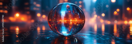 Futuristic cityscape encapsulated in a crystal orb, glowing skyline, warm ambient light, sci-fi architecture, surreal and visionary, reflections and depth