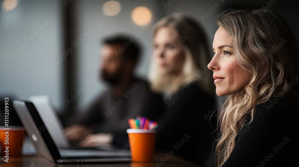 Diverse coworkers engaged in a focused meeting at a modern workspace during afternoon hours Diverse coworkers engaged in a focused meeting at a modern workspace during afternoon hours
