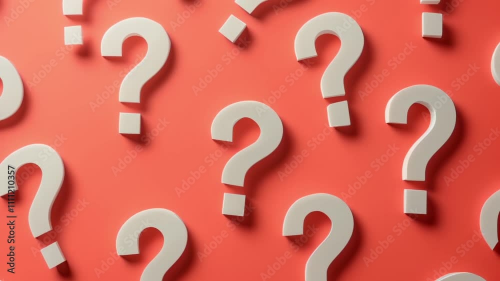 Numerous white question marks lie scattered across a vibrant coral backdrop, creating a visual representation of uncertainty, inquiry, and the search for answers Numerous white question marks lie scattered across a vibrant coral backdrop, creating a visual representation of uncertainty, inquiry, and the search for answers