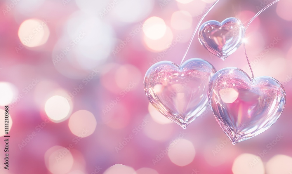 Transparent glass hearts floating against a soft pink bokeh background, reflecting light beautifully. Concept: Delicate love and romance. Transparent glass hearts floating against a soft pink bokeh background, reflecting light beautifully. Concept: Delicate love and romance.