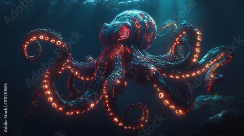 An octopus gracefully swimming in deep ocean waters, illuminated by soft light.