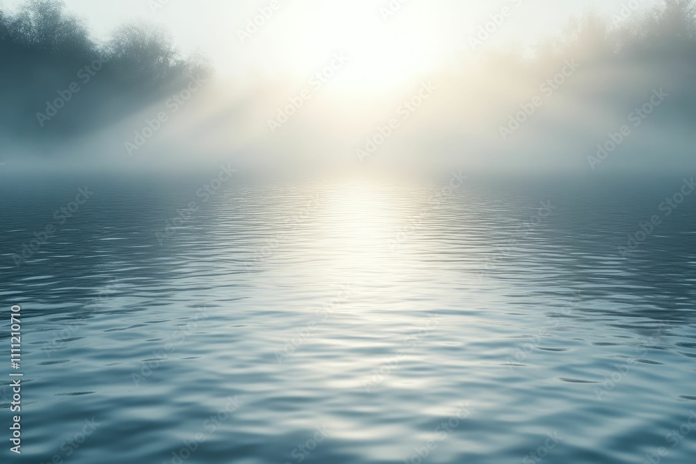 Fototapeta premium Misty sunrise, calm water, trees reflected.