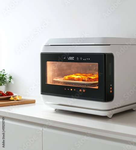 Modern convection oven baking chicken in contemporary kitchen