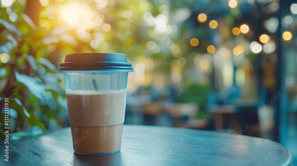 A plastic glass filled with iced coffee, placed casually on a cafe table.
A plastic glass filled with iced coffee, placed casually on a cafe table.