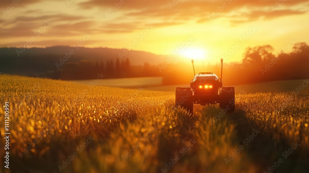 Fototapeta premium A glowing agricultural robot monitoring a serene farm field, goldenhour light and soft film textures