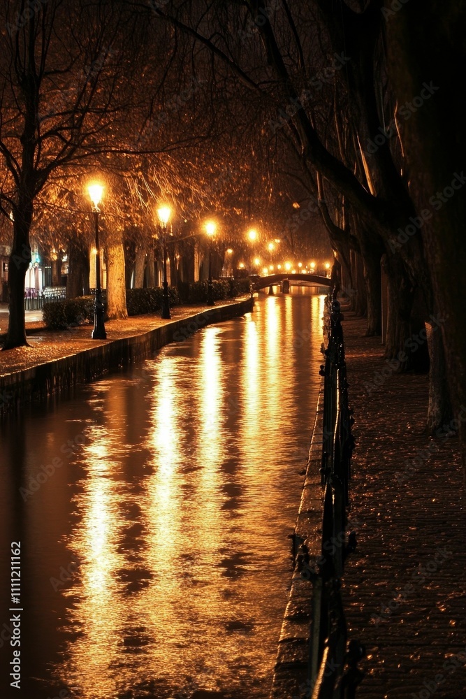 Night canal scene, golden lights reflecting on water. Night canal scene, golden lights reflecting on water.