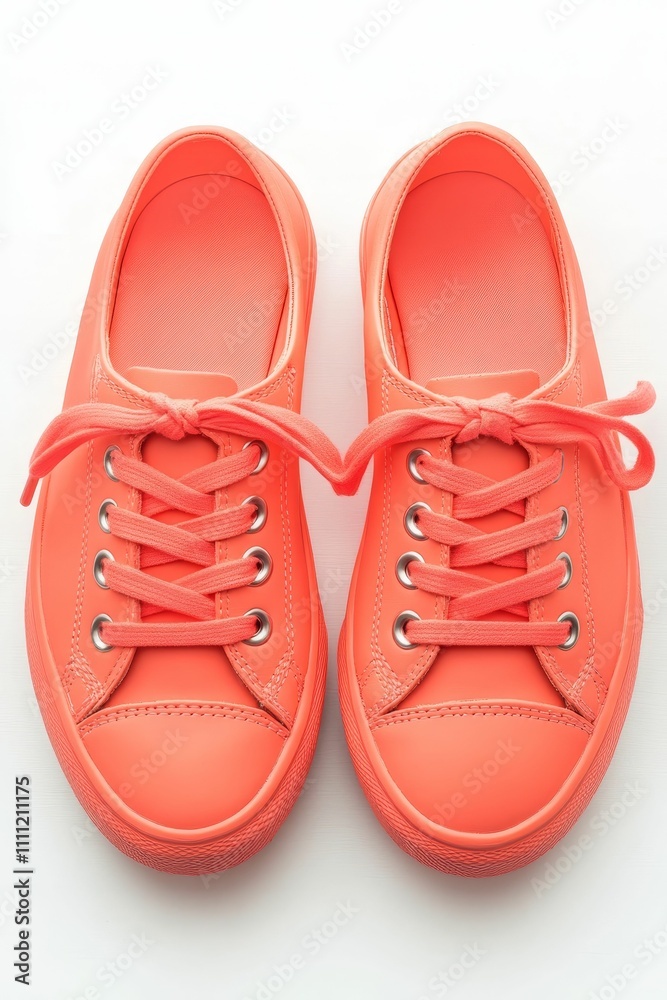 Fototapeta premium Coral canvas shoes, laces tied, white background.