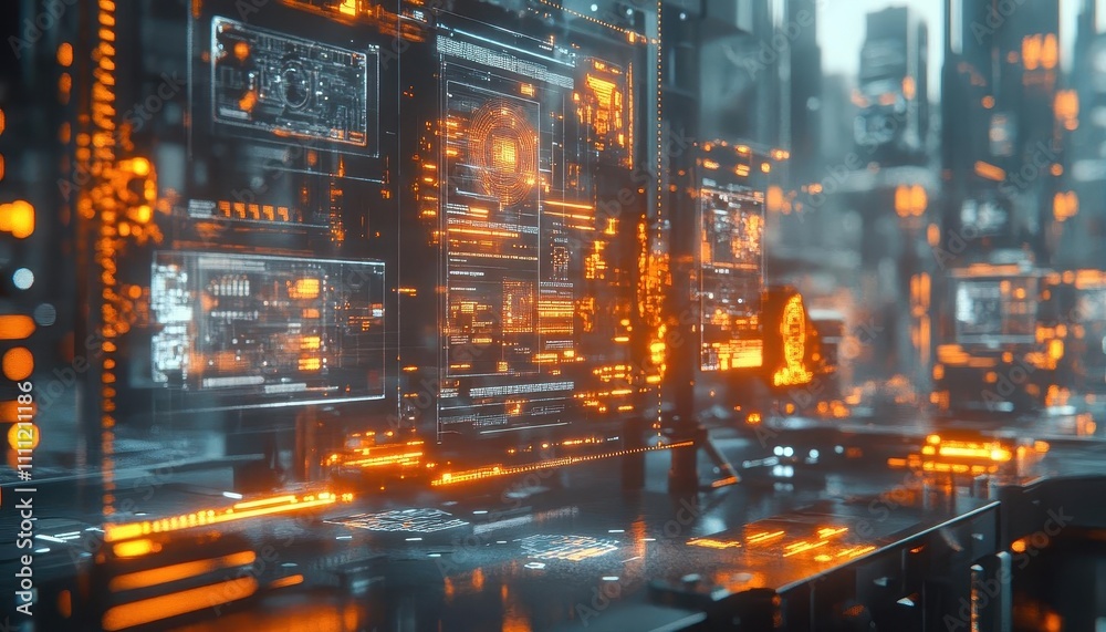 A glowing microgrid interface visualized on holographic displays in a hightech lab, warm cinematic focus A glowing microgrid interface visualized on holographic displays in a hightech lab, warm cinematic focus